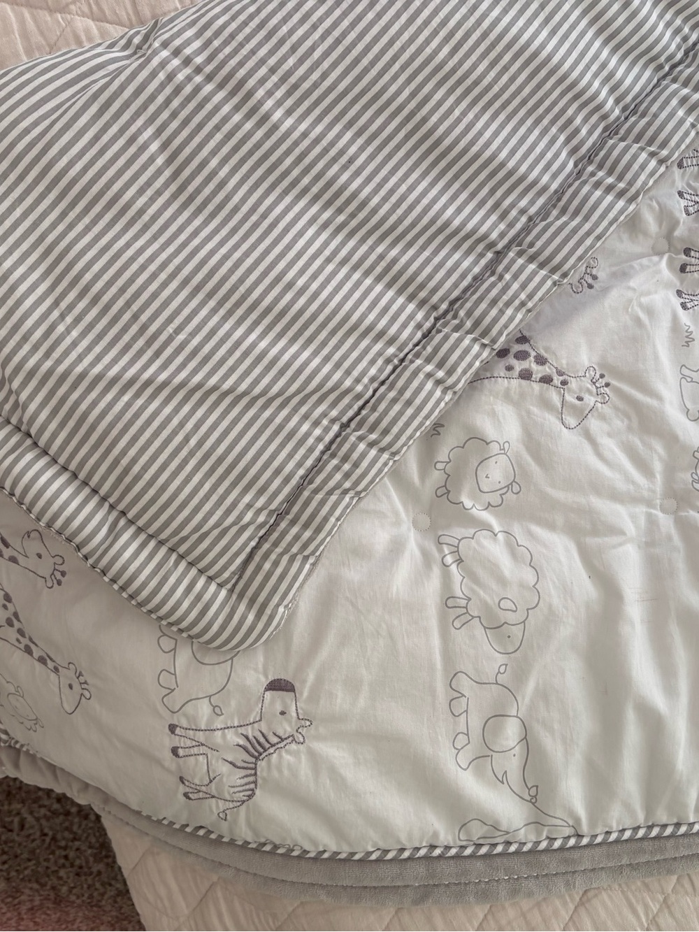 Gray Striped and Animal Print Reversible Baby Comforter and grey fleece blanket